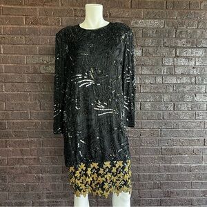 VINTAGE Night Vogue Black & Gold 100% Silk Sequin /Beaded Cocktail Dress Sz M